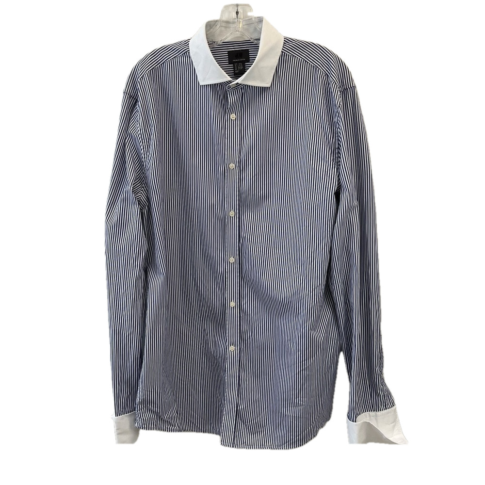 H&M 100% Cotton Navy Blue White Striped Dress Shirt French Cuffs Men’s L 16 1/2